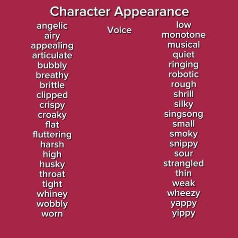 Voice Description Words, Descriptive Words For Voice, Writing Voice Description, Character Looks Description, Book Description Writing Tips, How To Describe Voices In Writing, Character Voice Description, Voice Tones Writing, Description For Characters