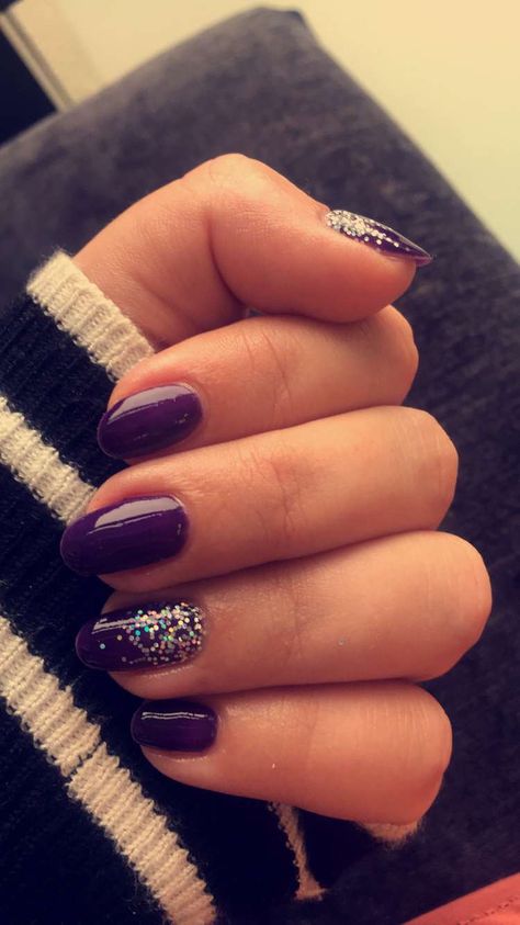 Cadbury purple nails with silver lining glitter Silver And Purple Nails, Prom Nails Acrylic Purple And Silver, Dark Purple And Silver Nails, Dark Purple Silver Nails, Cadbury Purple Nails, Dark Purple Glitter Nails Acrylic, Purple Nails Silver Glitter, Purple And Silver Nails, Dark Purple Nails