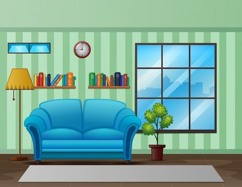 Cozy living room interior with a sofa an... | Premium Vector #Freepik #vector #living-room-cartoon #house-inside #cartoon-room #house-rooms Living Room Cartoon, Polar Bear Cartoon, Zebra Cartoon, Bamboo Background, Cozy Window Seat, House Cartoon, Kids Background, Living Room Background, Blue Sky Background