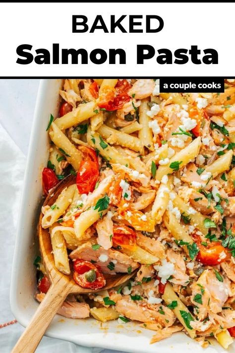 This salmon pasta recipe is bursting with flavor! Roast the salmon with veggies then toss them together for a tasty, easy dinner. #salmonpasta #salmonrecipe #salmonpastarecipe #bakedsalmon #salmon #dinner #dinneridea #easydinner Salmon Pasta Red Sauce, Salmon Feta Pasta, Salmon Pasta Recipes Healthy, Baked Salmon Pasta, Salmon And Pasta Recipes, Salmon And Broccoli Pasta, Salmon Pasta Bake, Salmon And Pasta, Salmon With Veggies