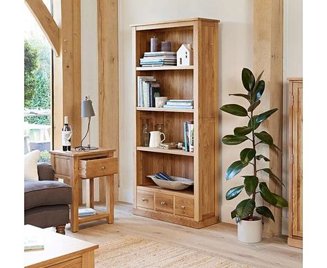 Rhone Solid Oak 3 Drawer Bookcase Bookshelf With Drawers, Oak Bookshelf, Light Oak Furniture, Oak Furniture Living Room, Solid Oak Furniture, Bookcase With Drawers, Large Bookcase, Low Bookcase, Tall Bookcases