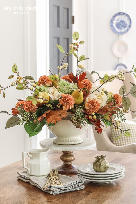 Pear Floral Arrangement, Non Floral Table Centerpieces, Dining Room Table Floral Centerpiece, Fall Decor Flowers Living Room, Fall Table Flower Arrangements, October Floral Arrangements, Classic Fall Decor, Fall Arrangements Centerpieces, Bowl Floral Arrangements