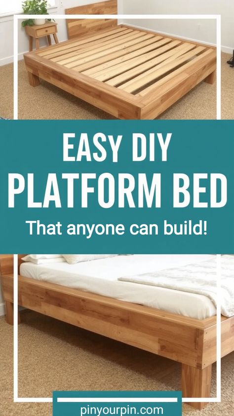 Easy DIY Platform Bed Diy Custom Bed Frame, Diy Bed Base Easy, Diy Minimal Bed Frame, 2x4 King Bed Frame Diy, California King Platform Bed Diy, Platform Bed Plans Queen, King Size Bed Frame Wood, Dyi Floating Bed, How To Make A Platform Bed Frame