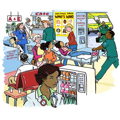 Accident and Emergency by Karen Donnelly. This illustration is from the book “On Track”, published by Schoeningh/Westermann. It depicts the reception area in a busy hospital’s ER department, where health workers are in action taking care of the public.  Check out more illustrations for children in Karen's portfolio at Childrensillustrators.com Nursing Poster, Accident And Emergency, Hospital Illustration, Hospital Emergency Room, Hospital Reception, Hospital Waiting Room, Hospital Emergency, Mother Mary Pictures, Illustrator Portfolio