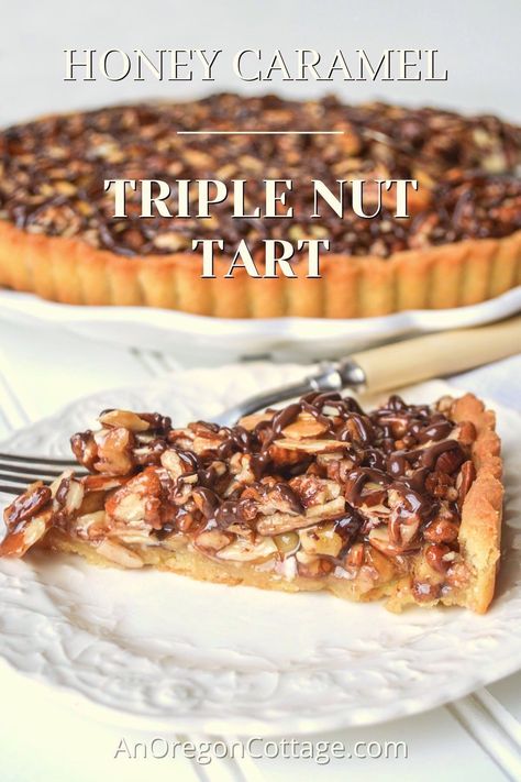 Make any event special with this slightly sweetened caramel nut tart with easy press-in the pan crust! Nut Tart, Just Pies, Honey Caramel, Caramel Tart, Chocolate Chip Cheesecake, Baking With Honey, Flaky Salt, Delicious Cookie Recipes, Honey Brown