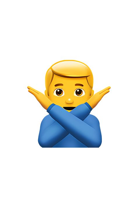 The emoji 🙅‍♂️ Man Gesturing NO depicts a male figure with short hair and a neutral expression. He is standing with his arms crossed in front of his chest, with his left hand raised in a stop gesture. The figure is wearing a plain shirt and pants, and there are no distinguishing features such as facial hair or accessories. The overall appearance is simple and straightforward, conveying a clear message of refusal or rejection. Stop Emoji, Cross Emoji, High Five Emoji, No Emoji, Neutral Expression, Emoji People, Emoji Man, Emojis Iphone, Apple Emojis