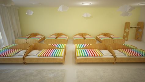 rainbow kindergarten interior design by kristiana cvetanova, via Behance  I love the whole idea of having a room set up for nap!  So beautiful Kindergarten Interior Design, Rainbow Kindergarten, Infant Room Daycare, Sleeping Room Design, Daycare Rooms, Kindergarten Interior, Preschool Designs, Preschool Decor, Daycare Decor