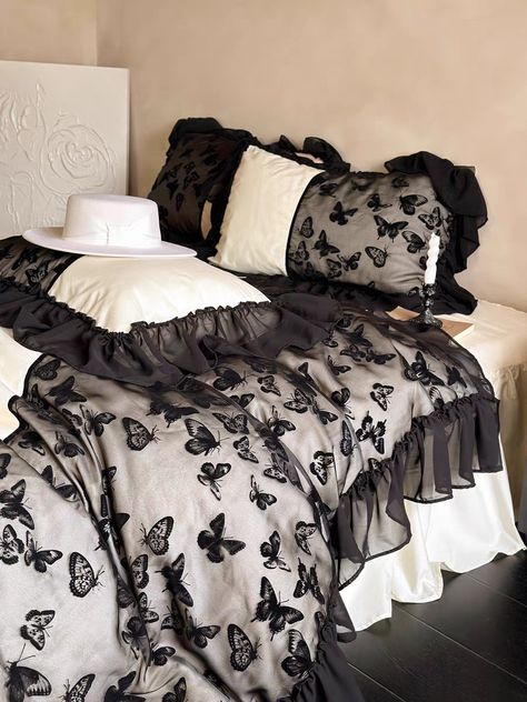 Romantic Butterfly Embroidery Bedding Set Black Lace Bed Skirt, Embroidery Bedding, Butterfly Bedding Set, Butterfly Bedding, Dark Academia Style, Academia Style, Full Bedding Sets, Dark Home Decor, Twin Xl Bedding