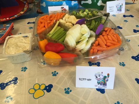 ruff-age - vegetable tray Paw Patrol Charcuterie Board, Paw Patrol Veggie Tray, Monster Truck Fruit Tray, Train Veggie Tray, Fruit And Veggie Tray, Paw Patrol Party Ideas Food Hot Dog Bar, Paw Patrol Birthday Theme, Fruit And Veggie, Vegetable Tray