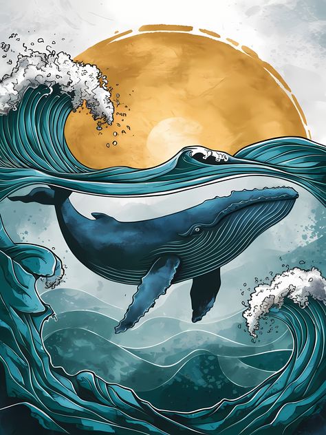 Bring the serenity and power of the ocean into your living space with this captivating poster of a blue whale swimming amidst dynamic ocean waves. The intricate details and vibrant colors of the artwork evoke a sense of tranquility and awe for marine life. Perfect for ocean lovers and those who appreciate the beauty of underwater worlds, this high-quality print adds a touch of the sea to any room. Ideal for coastal decor, marine-themed spaces, or as a thoughtful gift for nature enthusiasts. Whale Illustration Art, Humpback Whale Illustration, Humpback Whale Painting, Whale Artwork, Whale Swimming, Marine Life Art, Whale Painting, Whale Illustration, Marine Theme