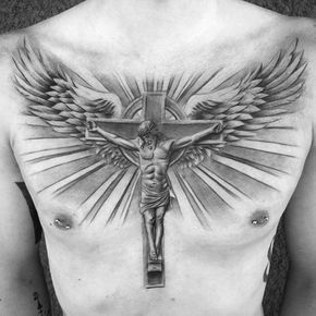 Awesome Guys Jesus Christ On Cross With Wings And Sun Rays Chest Tattoo Jesus Chest Tattoo, Jesus On Cross Tattoo, Tattoo Stockholm, Cross With Wings Tattoo, Tattoo Son, Christ Tattoo, Cross Tattoo For Men, Cross Tattoo Designs, Cool Chest Tattoos