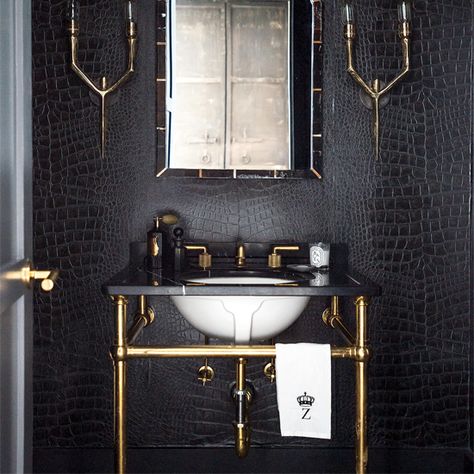 WHOA. Black crocodile wallpaper by Osborne & Little. Great idea to drape towel over sink infrastructure! Affordable Bathroom Remodel, Masculine Bathroom, Dark Interior Design, Dark Bathrooms, White Bathroom Designs, Black Rooms, Bad Inspiration, Downstairs Toilet, Bathroom Remodel Tile