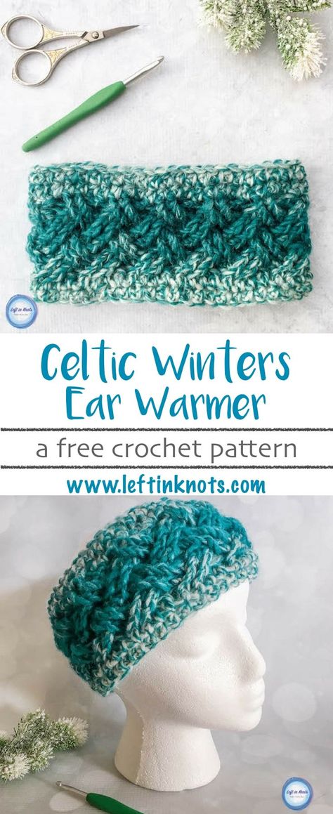 The color gradient of Lion Brand Scarfie yarn plus the elegant texture of the Celtic weave stitch make this ear warmer a quick and stunning piece!  The Celtic Winters Ear Warmer takes less than one skein of Lion Brand Scarfie yarn and will be a perfect addition to your last-minute gift list this holiday season! This is the fourth free crochet pattern of my Seven Days of Scarfie pattern collection #freecrochetpatterns #crochet #earwarmer Celtic Weave Stitch, Lion Brand Scarfie Yarn, Scarfie Yarn, Bandeau Au Crochet, Celtic Weave, Crochet Headbands, Elegant Texture, Confection Au Crochet, Crochet Headband Pattern