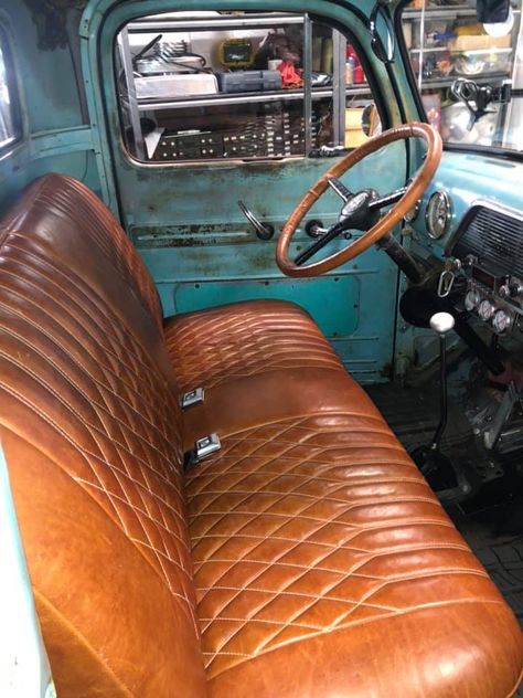 Truck Upholstery Ideas, Classic Truck Interior, Vintage Truck Interior, Truck Bench Seat Upholstery, Old Truck Interior Ideas, Leather Truck Interior, Old Truck Interior, Custom Truck Interior, Old Car Interior