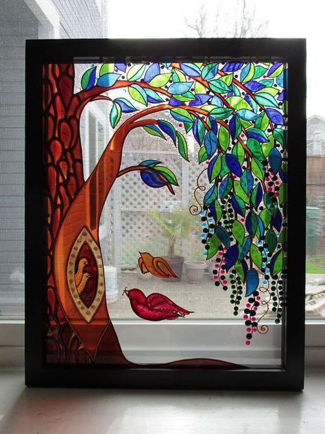 painted glass | creativeartworksblog Art Soleil, Family Tree Art, L'art Du Vitrail, Glass Painting Patterns, Glass Painting Designs, Glass Window Art, Stained Glass Paint, Abstract Flower Art, Glass Art Projects