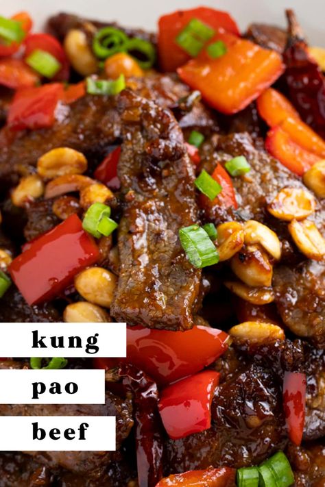 This easy Kung Pao Beef is a simple, homemade version of a classic take-out dish. The juicy flank steak is cooked in a rich and savory sauce with crisp bell peppers and crunchy roasted peanuts for an incredible blend of flavors. Serve this delicious meat and veggie stir fry on its own or with a side of rice or noodles for a total meal. Kung Pao Beef Recipe, Kung Pao Beef, Steak And Rice, Fried Beef, Beef Stir Fry, Fast Dinners, Veggie Stir Fry, Asian Inspired Recipes, Juicy Steak