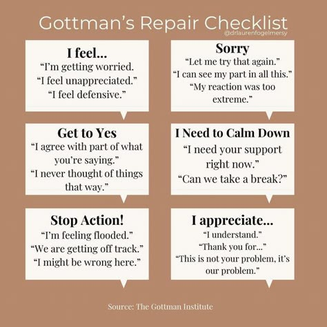 Repair After Conflict, I Feel Statements Relationships, Rupture And Repair, I Feel Statements Worksheet, Gottman Worksheets Free Printable, Gottman Worksheets, Gottman Repair, Gottman Repair Checklist, I Feel Statements