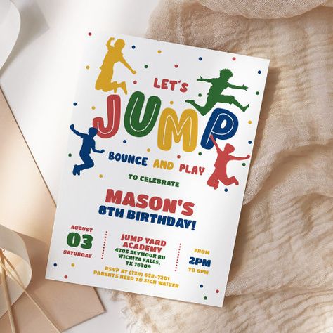 $3.08 | Jump Trampoline Park Boys Birthday Party #bounce house, trampoline, jump and play, jumping castle, colorful, indoor trampoline park, trampoline party, jump party, bounce party, boys Trampoline Park Birthday Party, Jump Party Invitations, 13th Birthday Boys, Trampoline Party, Jump Party, Boys Birthday Party, Park Birthday, Colorful Invitations, Boy Birthday Invitations