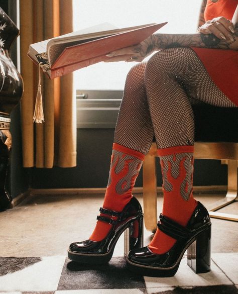 Would you wear socks with heels? Comment ❤️‍🔥 for yes and 💔 for no!⁠ ⁠ 📸 @taryndudleyphoto⁠ ⁠ Image description: A woman wearing… | Instagram Socks With Heels, Flame Socks, Valentine's Outfit, Rock And Roll Fashion, Socks Collection, Alternative Aesthetic, Edgy Streetwear, Sheer Socks, Image Description