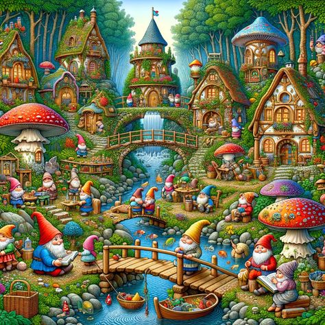 Description: Step into a fantastical world with our AI-Generated Whimsical Gnome Village Art Print, a vibrant digital masterpiece that brings a touch of magic to any space. This enchanting scene features delightful mushroom dwellings, charming bridges over glistening brooks, and lush greenery, all brought to life with a diverse and colorful palette. Gnomes of various genders and descents--Caucasian, Hispanic, Middle-Eastern, and South Asian--are depicted engaging in heartwarming activities like Gnomes Mushroom, Gnome Village, Mushroom Houses, Wall Decor Crafts, Home Decor Sets, Mushroom House, Fantasy Lovers, Rhinestone Art, Lush Garden