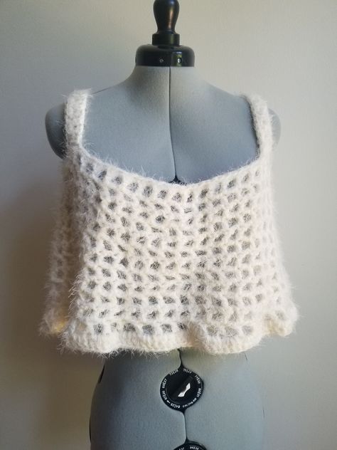 fluffy cream colored crochet mesh tank top ultra soft & stretchy, slightly cropped tank top made in a mesh pattern u.s. women size M/L perfect for summer layering made with blend of acrylic and nylon yarn handwash only, lay flat to dry Mesh Top Pattern, Tank Top Crochet, Crochet Mesh Vest, Fluffy Crop Top, Fluffy Crochet Top, Crochet Ideas Fluffy Yarn, Crochet Mohair Top, Mohair Mesh Crochet, Fuzzy Crochet Top