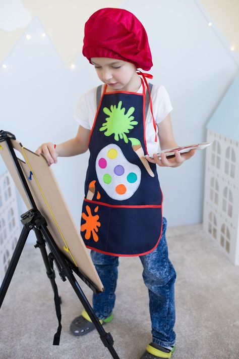 Artist costume  for children. You can use it like apron for drawing,  or any masterpiece actions or like a play role costume for kids. It is the perfect gift for any occasion.   You can adjust the long belt and tie according to your child's needs. Diy Shirt Printing, Artist Costume, Ballet Crafts, Career Costumes, Apron For Kids, Firefighter Costume, Art Smock, Toddler Art Projects, Craft Apron