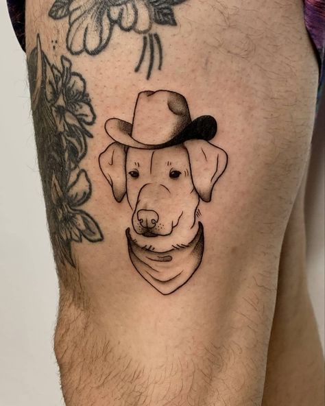 Dog Cowboy Hat Tattoo, Dog With Cowboy Hat Tattoo, Howdy Tattoo, Dog Cowboy, Cowboy Hat Tattoo, Cowboy Tattoo, Cowboy Dog, Hat Tattoo, Cowboy Tattoos