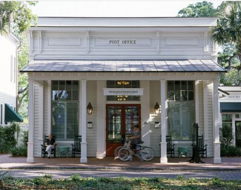 Historic Main Street Buildings, Retail Store Front Porch, Historic Downtown Storefronts, Historical Concepts Architects, Post Office Exterior, Post Office Design, Brindleton Bay, Historical Concepts, Brick Store