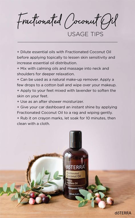 Completely soluble with all essential oils, Fractionated Coconut Oil is an excellent carrier oil that absorbs quickly and won’t clog pores. Use it to dilute essential oils before applying them to the skin. It increases the distribution of essential oils, minimizes skin sensitivity, and softens skin. Dilute Essential Oils, Calming Oils, Diy Coconut Oil, Diluting Essential Oils, Essential Oil Education, Essential Oils 101, Doterra Essential Oils Recipes, Essential Oils Guide, Essential Oils Health