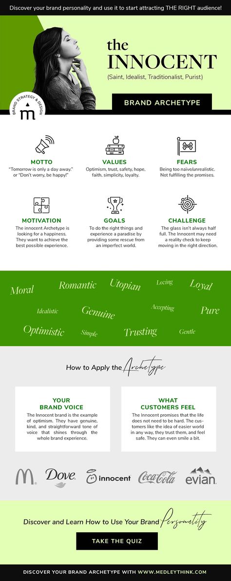 The Innocent // Brand Archetype. Innocent Archetype is usually known for the neverending optimism, simplicity, and uncomplicated experience. They promise that you can relax and truly enjoy your life. // Find your Brand Archetype now at medleythink.com/brand-archetypes #branding #brandstrategy #coach #infographic #entrepreneur #medleythink via @medleythink The Innocent Brand Archetype, The Innocent Archetype, Innocent Brand Archetype, Innocent Archetype, Sage Archetype, 12 Archetypes, Character Archetypes, Personality Archetypes, Jungian Archetypes