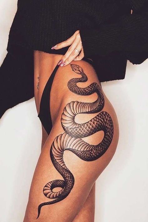 Snake Leg Tattoo Wrap, Snake Wrapped Around Leg Tattoo, Big Snake Tattoo, Snake Thigh Tattoo, 150 Tattoo, Hip Thigh Tattoos, Snake Tattoo Design, Hip Tattoos Women, Thigh Tattoos Women