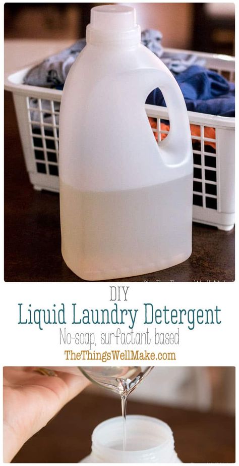 Save money while you avoid the synthetic fragrances and other additives in commercial laundry detergents by learning how to make a DIY laundry detergent at home. #thethingswellmake #MIY #laundry #detergent #surfactants #wash #laundrydetergent #washing #naturalcleaning #naturalcleaningproducts #naturalsurfactants #cleaning #stainremover Diy Liquid Laundry Detergent, Make Your Own Laundry Detergent, Homemade Laundry Detergent Liquid, Laundry Soap Recipe, Diy Detergent, All Natural Cleaning Products, Liquid Laundry Soap, Laundry Detergent Recipe, Detergent Recipe