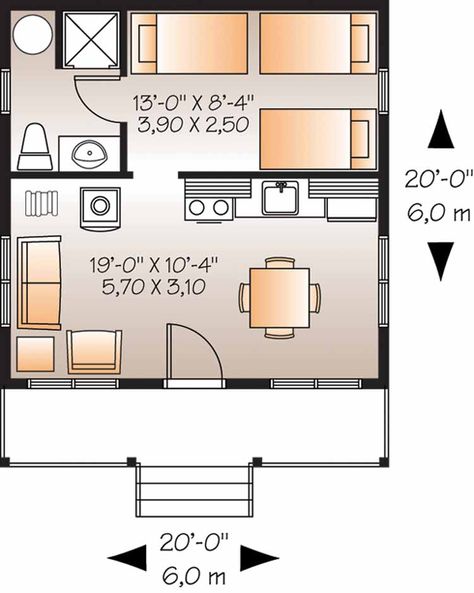 Home Plans HOMEPW08834 - 400 Square Feet, 1 Bedroom 1 Bathroom Country Home with Add a door and window in the bedroom and would work well as office and guest.  Easy, cheap build. 400 Sq Ft House, Cabin Plan, Granny Flats, Tiny House Layout, Cottage Style House Plans, Cabin House Plans, A Small House, Tiny House Floor Plans, Garage Conversion