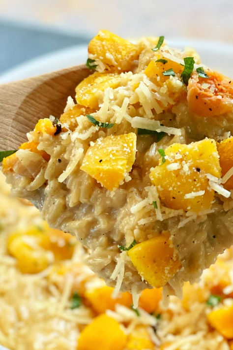 Fall-Orzo-Recipe Orzo Side Dish For Fish, Orzo Side Dish, Side Dish For Fish, Orzo Side, Butternut Squash Orzo, Squash Orzo, Creamy Orzo Pasta, Holiday Dinner Sides, Easy Orzo