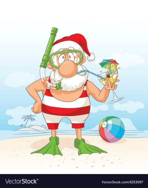 Santa Cartoon, Beach Cartoon, Florida Holiday, Holiday Cartoon, Aussie Christmas, Hawaiian Christmas, Beachy Christmas, Beach Santa, Summer Christmas