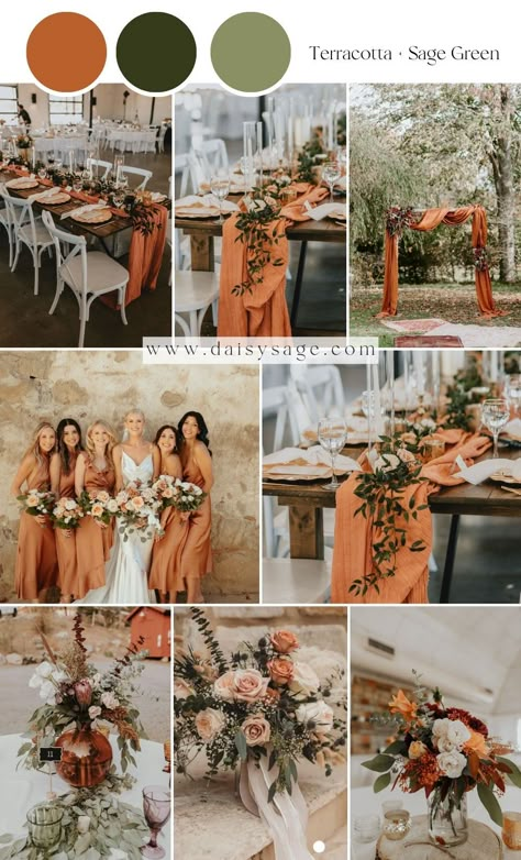 Terracotta and Sage Green Wedding Color Palette Trending Decor 2023, Terracotta Wedding Colors, 2023 Brides, Orange And White Wedding, Terra Cotta Wedding, Sage Green Wedding Colors, Rusting Wedding, Terracotta And Green, Wedding Color Trends