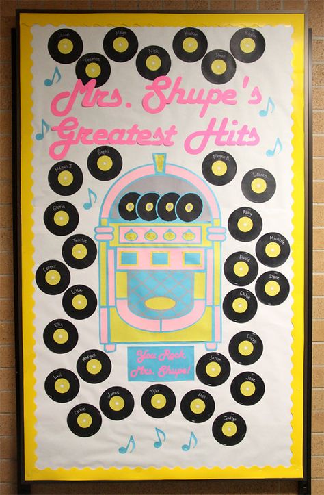 Rock And Roll Classroom Theme, 80s Classroom Theme, Retro Bulletin Board, Roll Door, Homeroom Mom, Teacher Appreciation Doors, Music Bulletin Boards, 60s Theme, Teacher Door