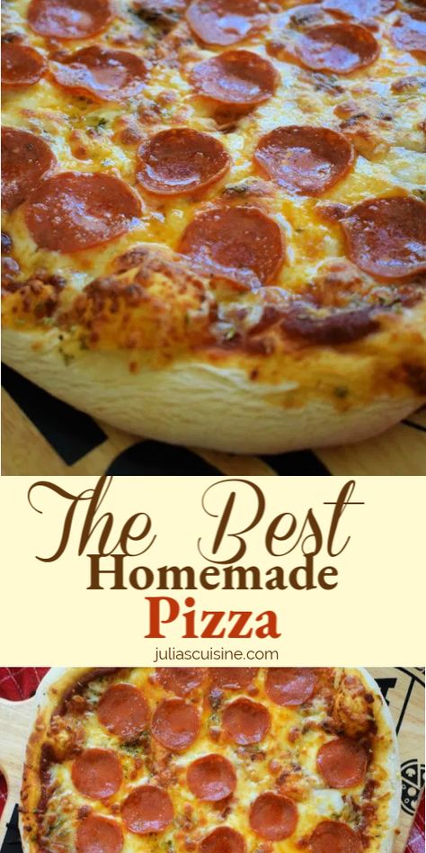 The absolute best pizza! This thick crust pepperoni pizza could the the star of your next party night. Made with home made dough and sauce, it's a real keeper. #pizza #dinnerideas #recipes Home Made Dough, The Best Homemade Pizza, Homemade Pepperoni, Homemade Pepperoni Pizza, Pizza Recipes Pepperoni, Pizza At Home, Best Homemade Pizza, Easy Homemade Pizza, Pizza Recipes Homemade