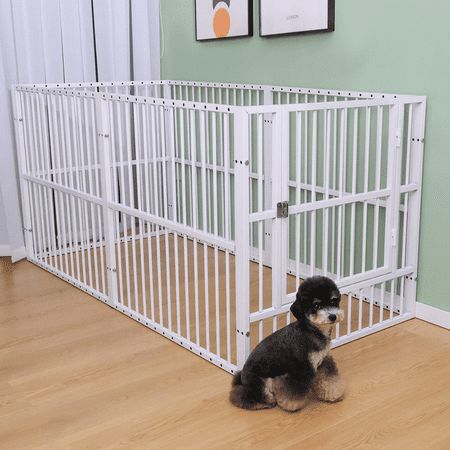 The dog playpen can be used as a kennel, crate, pet hangout, playroom, or even as a designated time-out zone. It can be used for a single animal or multiple pets. It's light, foldable, and easy to set up and break down. With rust-resistant coated metal and 0.8 mm metal thickness, the metal fence is built to last. Product Features For indoor and outdoor Applications Indoors: The dog playpens have a rubber gasket that prevents the fence from slipping during jumpings and protects your floor from sc Dog Playroom Ideas, Dog Play Pen, Dog Areas In House Spaces, Dog Cage, Indoor Dog Kennel Ideas, Dog Play Room, Dog Spaces In House, Indoor Dog Pen, Pet Friendly Living Room