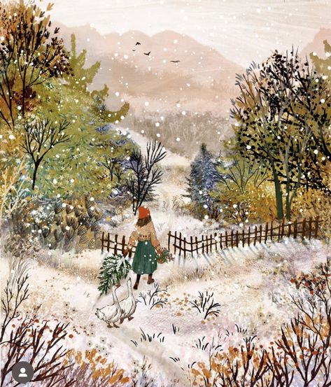 Raindrops And Roses, Garden Illustration, Winter Illustration, Landscape Illustration, Winter Art, Naive Art, Noel Christmas, Christmas Illustration, Winter Landscape