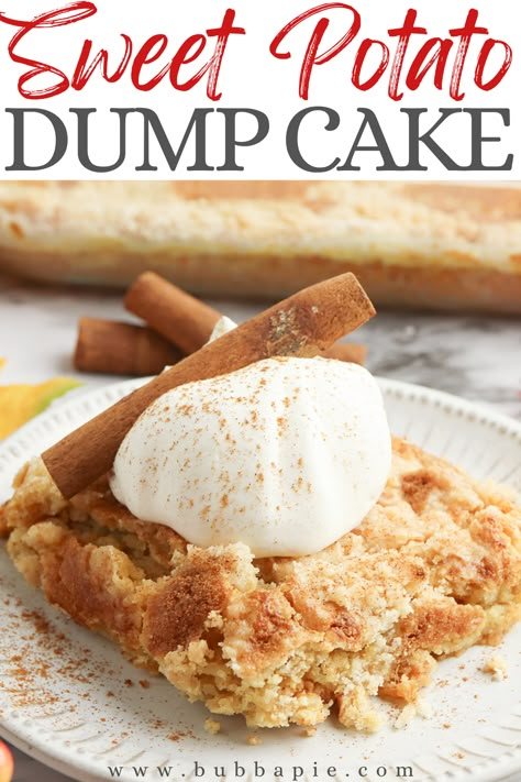 Easy Cake Walk Desserts, Cake Mix Sweet Potato Cake, Sweet Potato Vanilla Cupcakes, Gingerbread Sweet Potato Dump Cake, Sweet Potatoe Desserts Easy, Sweet Potato Dump Cake Recipes, Sweet Potato Cobbler Recipe, Fall Dump Cake Recipes, Thanksgiving Dump Cake