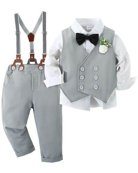 PRICES MAY VARY. Package Include: 1x Dress shirt with bow-tie + 1x Vest + 1x Boutonniere + 1x Detachable Suspender pants. Material: Baby Boys Vest Suits Set is made of high quality cotton blend, soft, comfortable and breathable, take care of baby's skin. Practical design: Toddler Boys Formal Suit is designed for the little gentleman, double-breasted vest with beautiful boutonniere can add more event atmosphere, you can match your boy with the most shining effect. Occasions: Toddler Gentleman Out Toddler Wedding Outfit Boy, Toddler Boy Dress Clothes, Baby Boy Dress Clothes, Formal Dress Shirt, Wedding Outfit For Boys, Baby Boy Vest, Outfits Formal, Toddler Suits, Plain White Shirt