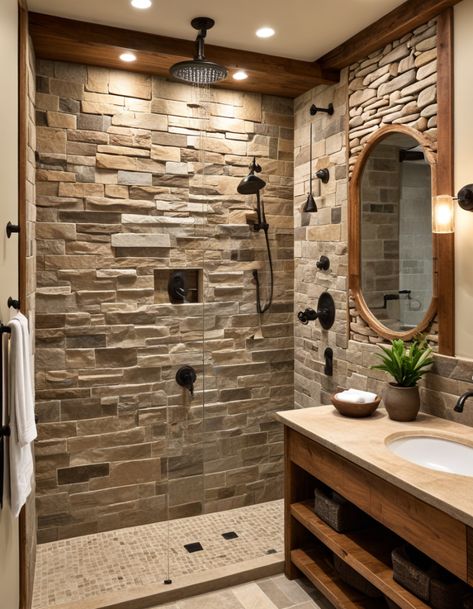 42 Half Wall Shower Ideas For A Stylish And Functional Bathroom Design Wood Look Ceramic Tile Bathroom Shower Walls, Bathroom Wall Ideas Wood, Cedar Walls Bathroom, Small Bathroom Ideas White And Wood, Half Plank Wall, Bathroom Wood Panel Wall, Faux Stone Shower Walls, Natural Stone Shower Wall, Wooden Accent Wall Bathroom