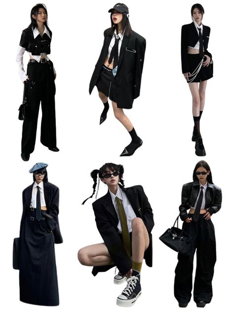 Kpop Suit Outfit, French Chic Aesthetic, Dpr Concert Outfit, Black Academia Outfit, Business Core Outfits, Masculine Outfits For Women, Black Monochrome Outfit, Black Shirt Outfit, Cropped Suit