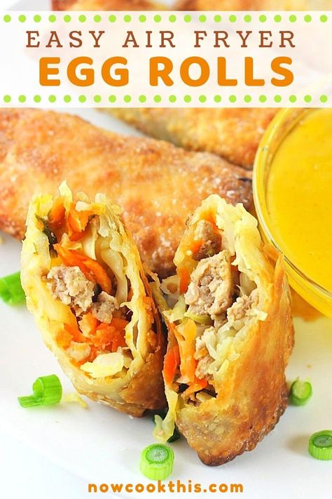 These Easy Air Fryer Egg Rolls are crispy and crunchy on the outside and filled with a delicious mixture of seasoned pork (or chicken), cabbage, carrots, and green onions. Plus, they're lower in fat and have less calories than traditional deep-fried egg rolls, but they taste just as good! Get the recipe and give them a try! Air Fryer Egg Rolls, Homemade Egg Rolls, Pork Egg Rolls, Chicken Egg Rolls, Air Fryer Oven Recipes, Air Fry Recipes, Egg Roll Recipes, Fry Recipes, Roll Recipes