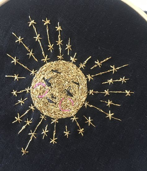 Gold Embroidery Designs, Celestial Diy, Golden Embroidery, Sun Embroidery Simple, Sun Bead Embroidery, Golden Thread Embroidery, Sun Embroidery, Embroidery Patch, Embroidered Sun