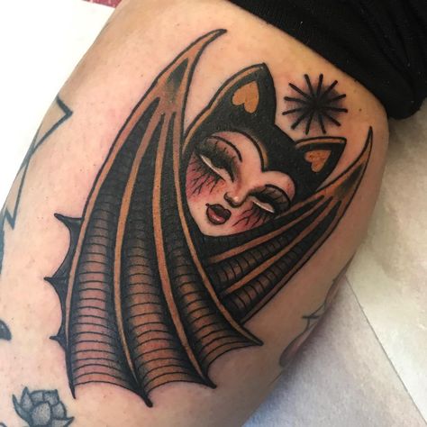 Bat Tattoo Ideas Traditional, Traditional Bat Tattoo Design, Purse Tattoo, Traditional Hand Tattoos, Goth American Traditional Tattoo, Traditional Bat Head Tattoo, Girly Bat Tattoo, Pastry Tattoo, Traditional Bat Lady Tattoo