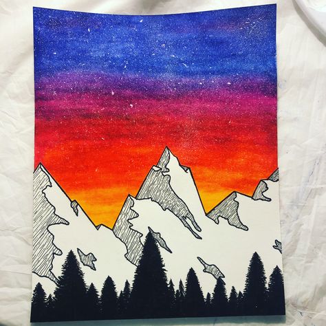 Mountain Drawing With Color, Mountain Art For Kids, Colored Pencil Mountains, Mountain Drawing Colored Pencil, Oil Pastel Mountains Easy, Kids Drawing Projects, Easy Hand Drawings, Gel Pen Drawings, Mountain Drawing