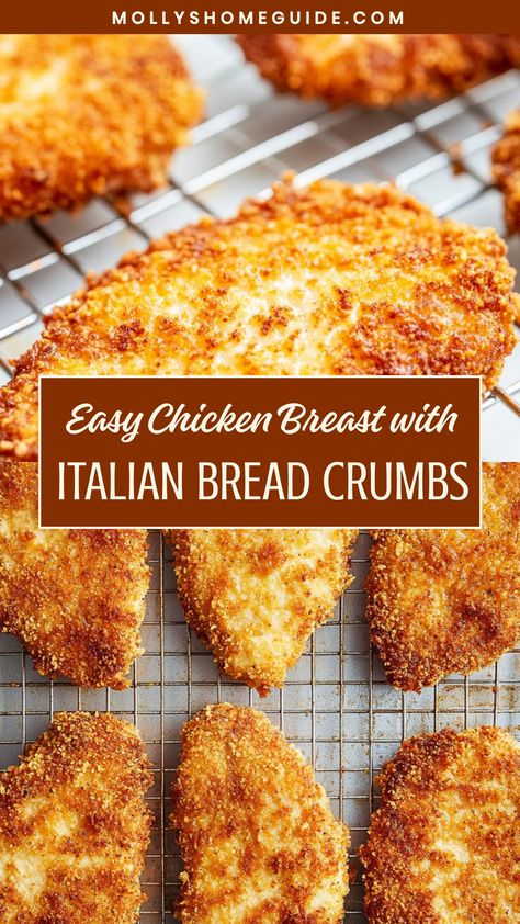 Indulge in a flavorful meal by making tender chicken breast with Italian bread crumbs. This classic recipe elevates ordinary chicken into a delicious and crispy dish that the whole family will love. The combination of juicy chicken breast and savory Italian seasonings creates a perfect harmony of flavors. Whether you're looking for a quick weeknight dinner idea or planning a special family meal, this recipe is sure to impress. Serve the chicken with your favorite sides for a satisfying and homem Baked Chicken Recipes Breaded, Breaded Chicken For Pasta, Bread Crumb Chicken Recipes, Chicken With Italian Bread Crumbs, Chicken Tenders In Skillet, Crumbed Chicken Meals, Breaded Chicken In The Oven, Italian Breadcrumbs Chicken, What To Make With Bread Crumbs