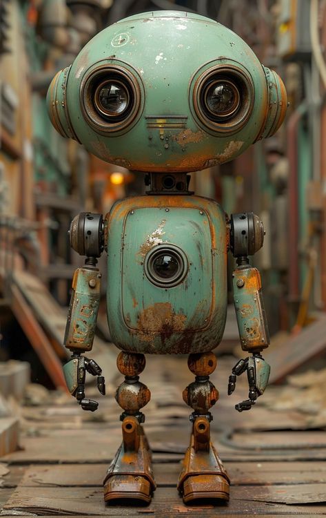 Steam Punk Robot, Junkyard Robot Concept Art, Cute Steampunk Robot, Diesel Punk Robot, Rusty Robot Art, Robots Artworks, Junkyard Dog, Recycled Robot, Interesting Drawings